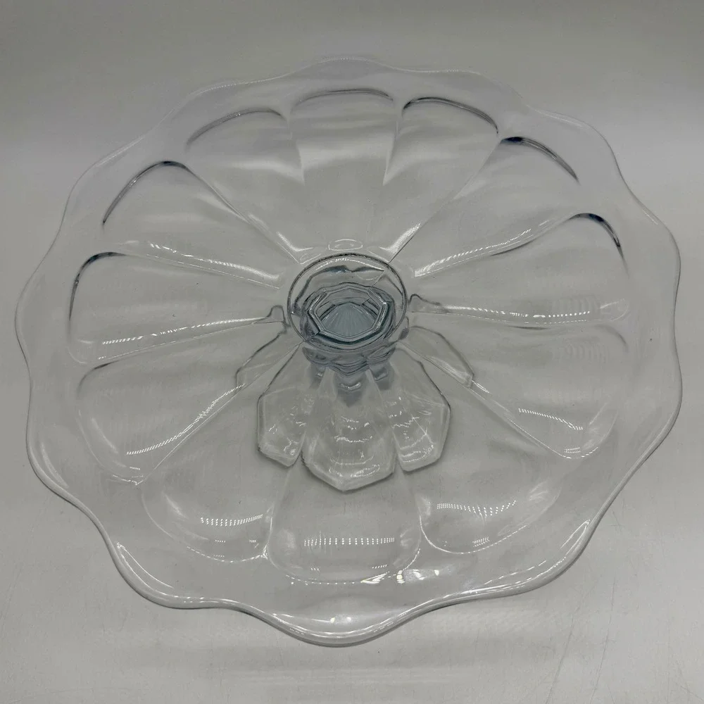 Vintage Clear Glass Cake Stand Scalloped Edge Pedestal Dessert Plate Excellent